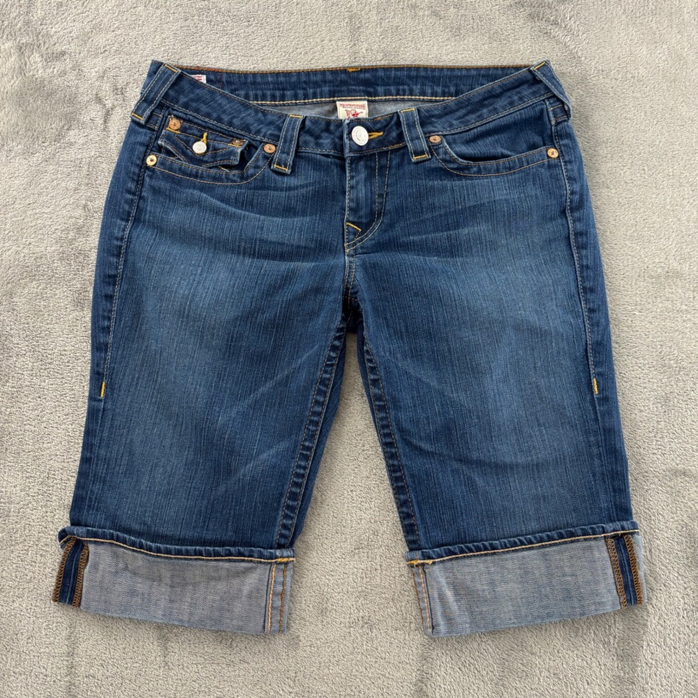 True Religion Sophie Cuffed Bermuda Shorts Womens 32 Blue Denim WQ1433BCS USA